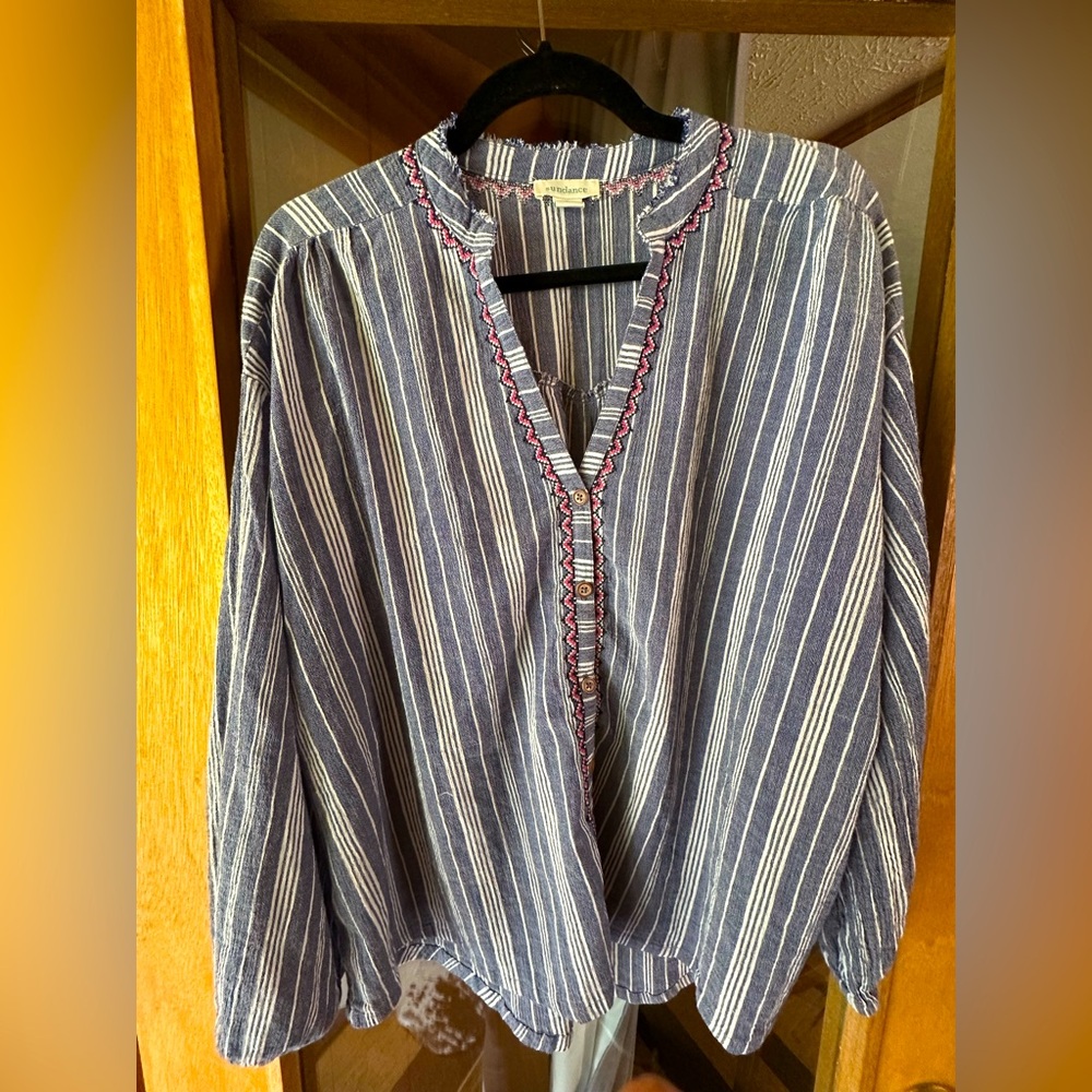 Sundance Womens Solitude Stripe Top Size Small Blue White Embroidered Excellent